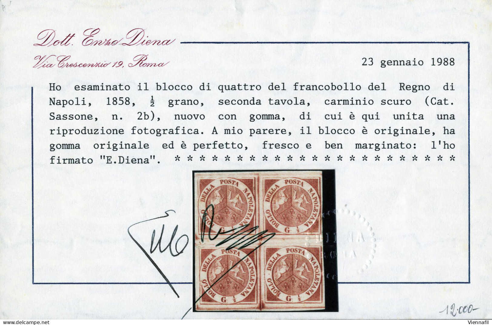 * 1858, Quartina Gr.1/2 Carminio Scuro 2a Tavola (2b Cat.70000) Nuova Con Gomma Originale, Ben Marginata, Cert.E.Diena E - Naples