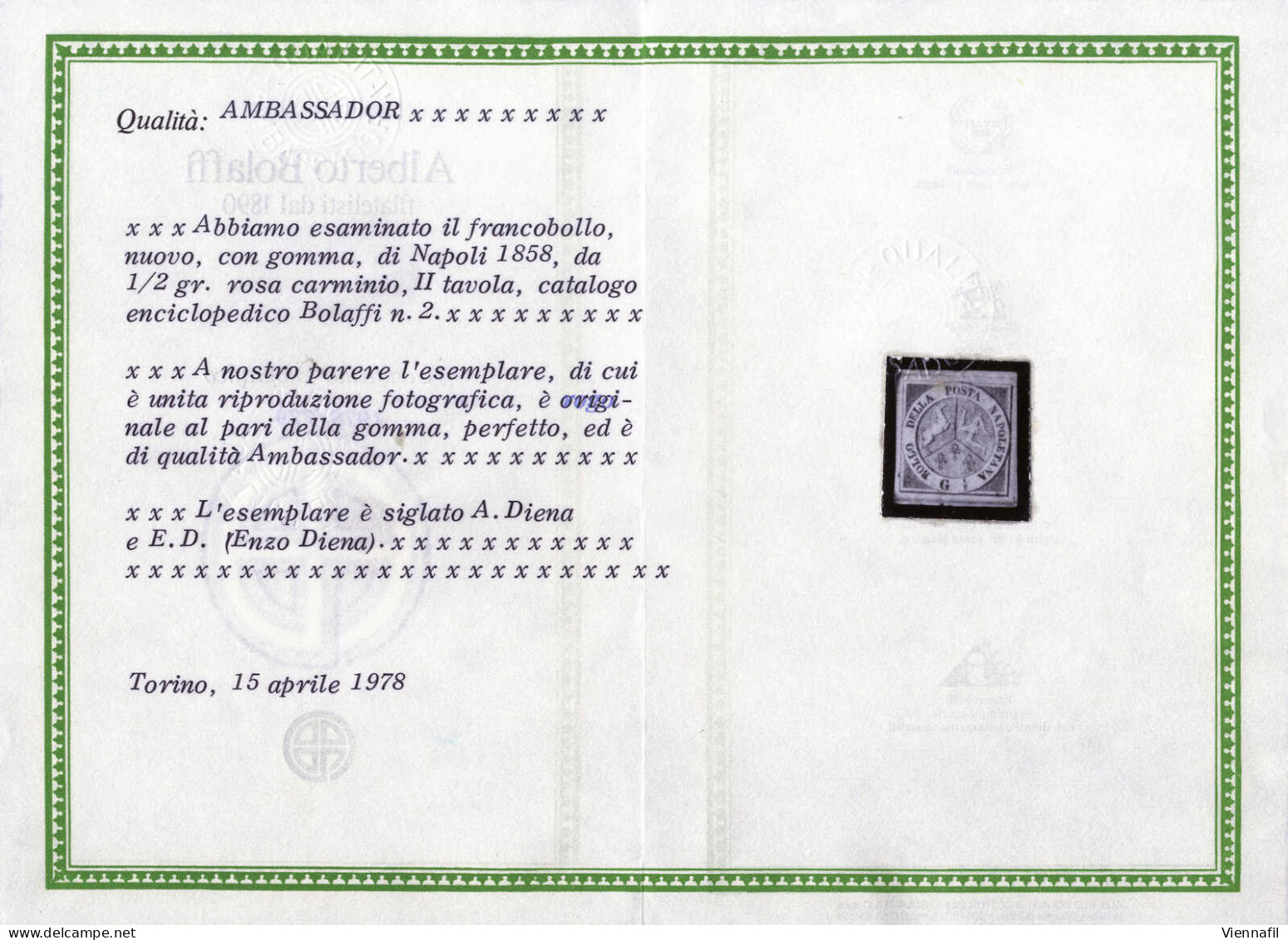 * 1858, ½ Gr. Carminio Vivo II Tavola, Nuovo Con Gomma Originale, Firmata AD, ED, Cert. Bolaffi E Colla, Sass. 2a / 1500 - Naples