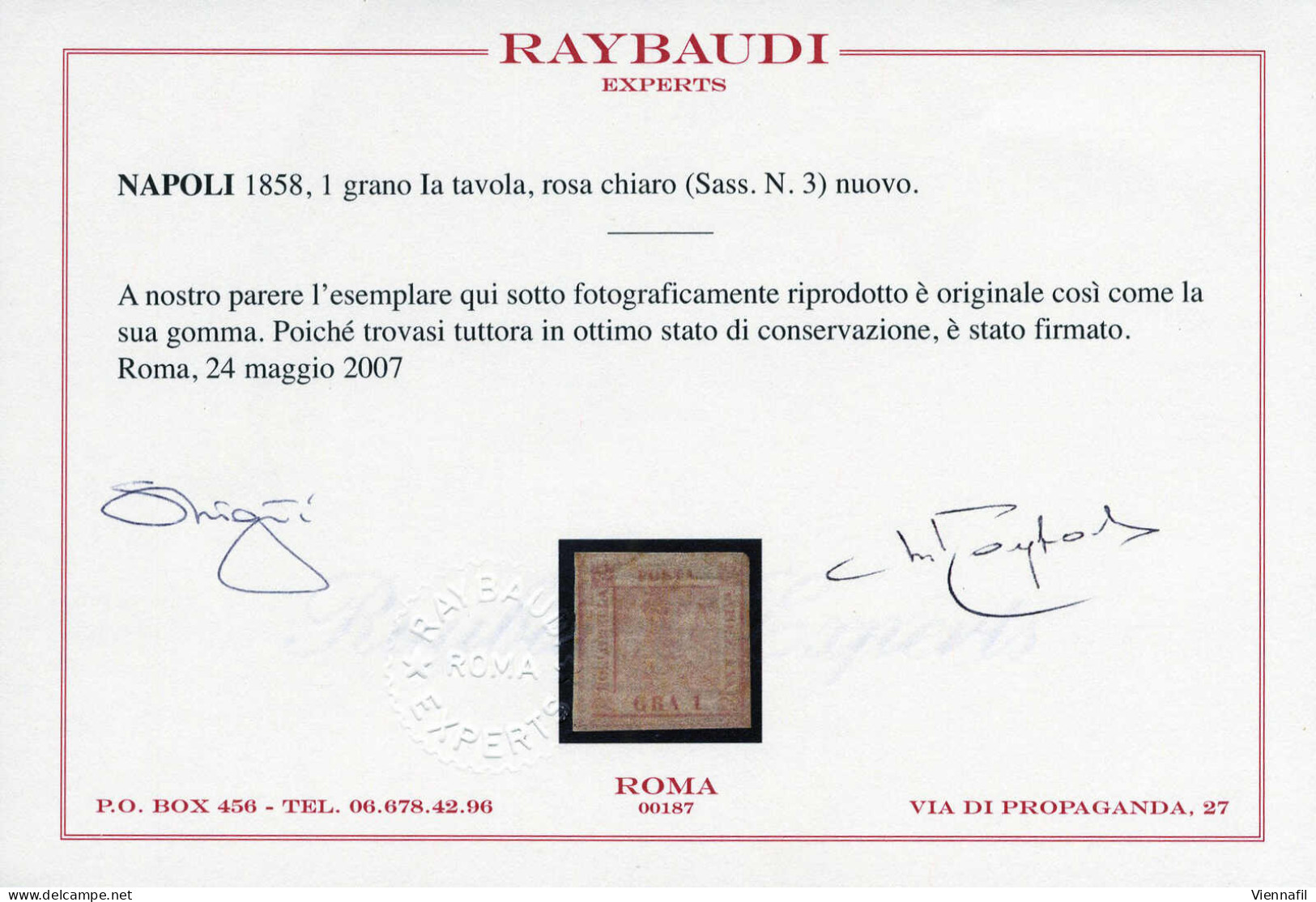* 1858, 1 Gr. Rosa Chiaro I Tavola, Nuovo Con Gomma Originale, Firmata ED, Cert. Raybaudi, Sass. 3 / 3500,- Michel 2 - Naples