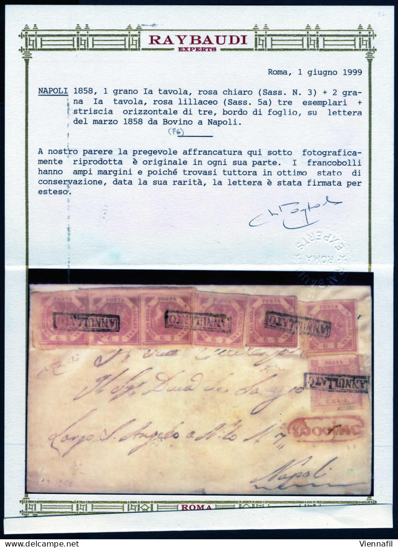 Cover 1858, Lettera Da Bovino Per Napoli Affrancata Con 1 Gr. Rosa Chiaro I Tavola E Striscia Di Tre (bordo Di Foglio In - Napels