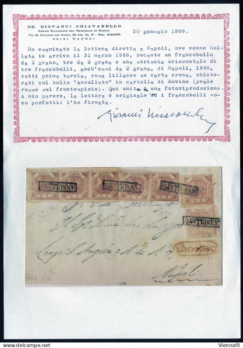 Cover 1858, Lettera Da Bovino Per Napoli Affrancata Con 1 Gr. Rosa Chiaro I Tavola E Striscia Di Tre (bordo Di Foglio In - Naples