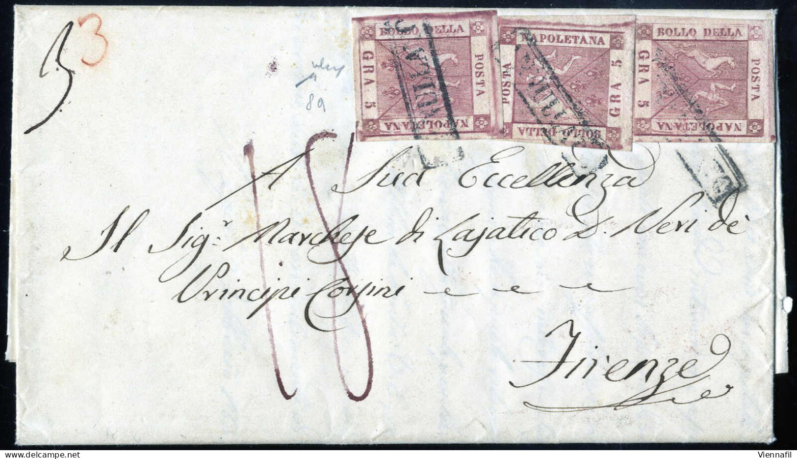 Cover 1857, Lettera Affrancata Con Tre Esemplari Gr.5 Rosa Brunastro Con Il Bollo In Cartella ANNULLATO (8a Cat.8750) Da - Neapel