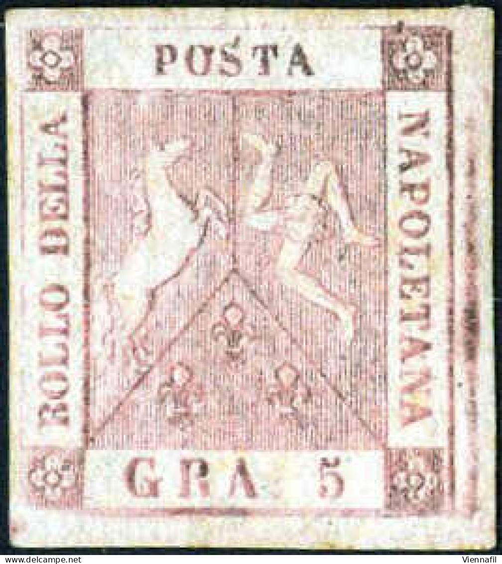 * 1858, 5 Gr. Rosa Brunastro I Tavola, Nuovo Con Gomma Originale, Cert. Biondi, Sass. 8 / 12000,- Michel 4 - Naples