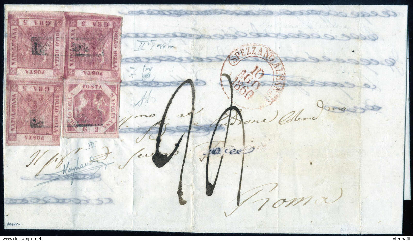 Cover 1860, Lettera Affrancata Con Gr.2 IIIa Tavola Rosa Carminio - Blocco Di Tre A Seggiola Del Gr.5 LIa Tavola Carmini - Naples