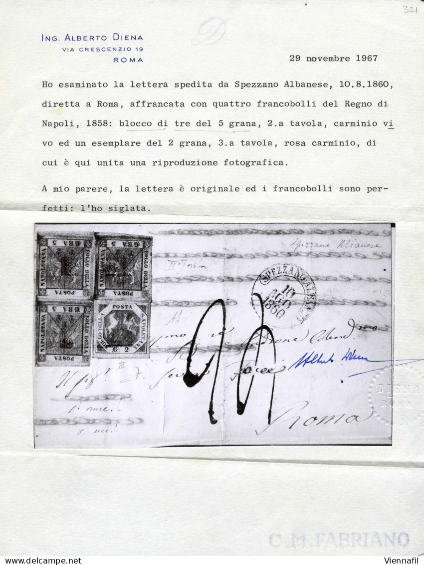 Cover 1860, Lettera Affrancata Con Gr.2 IIIa Tavola Rosa Carminio - Blocco Di Tre A Seggiola Del Gr.5 LIa Tavola Carmini - Neapel