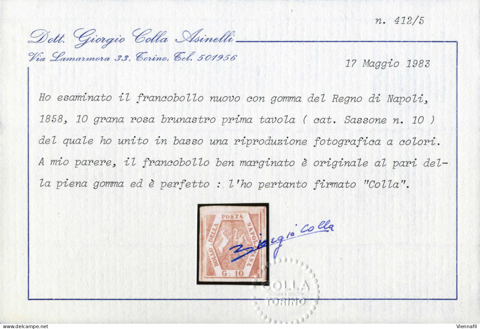 * 1858, 10 Gr. Rosa Brunastro I Tavola, Nuovo Con Gomma Originale, Cert. Colla E Raybaudi, Sass. 10 / 26000,- Michel 5 - Naples
