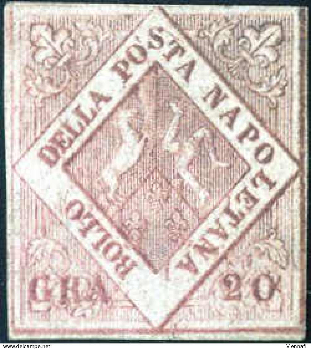 ** 1858, 20 Gr. Rosa Brunastro I Tavola, Nuovo Con Gomma Originale, Cert. Oro Raybaudi, Sass. 12 / 22000,- Michel 6 - Naples