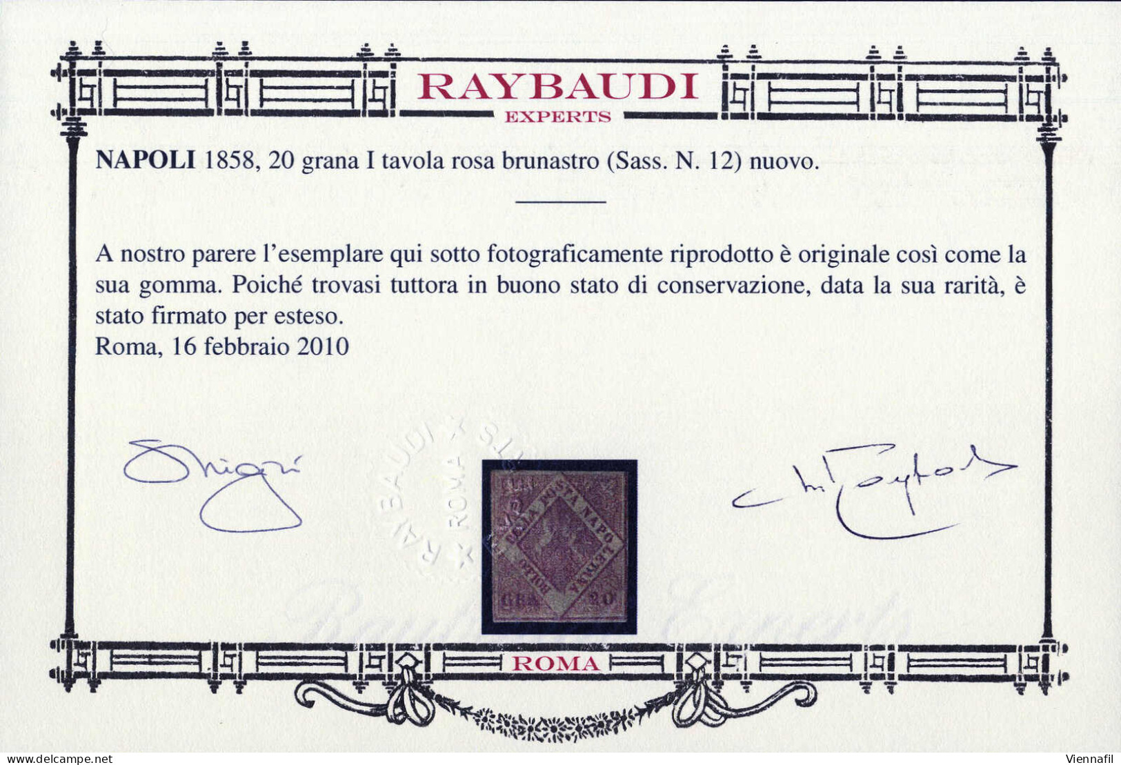 ** 1858, 20 Gr. Rosa Brunastro I Tavola, Nuovo Con Gomma Originale, Cert. Oro Raybaudi, Sass. 12 / 22000,- Michel 6 - Nápoles