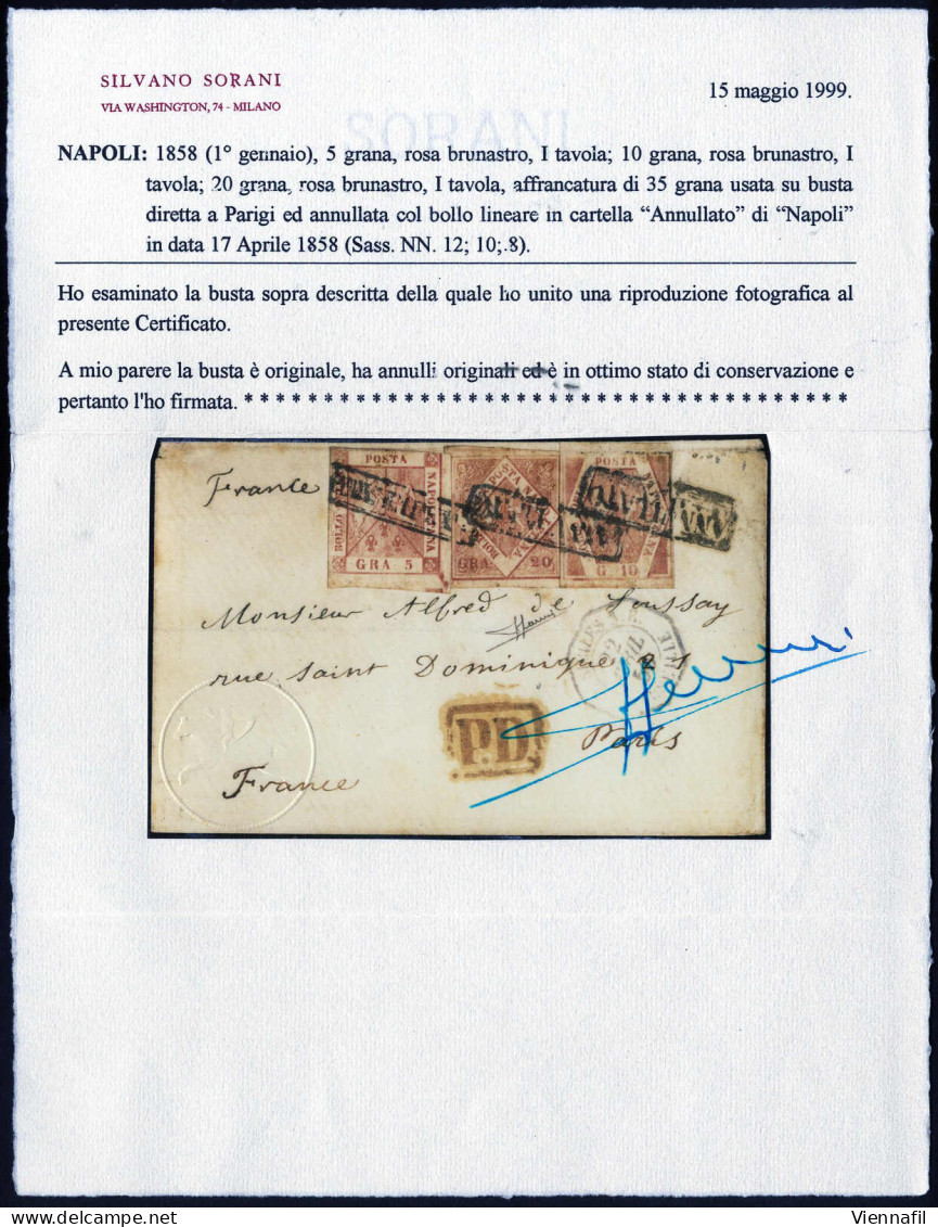 Cover 1858, Lettera Da Napoli Il 17.4 Per Parigi (Francia) Affrancata Tricolore Con 5 Gr. Rosa Brunastro I Tavola, 10 Gr - Nápoles