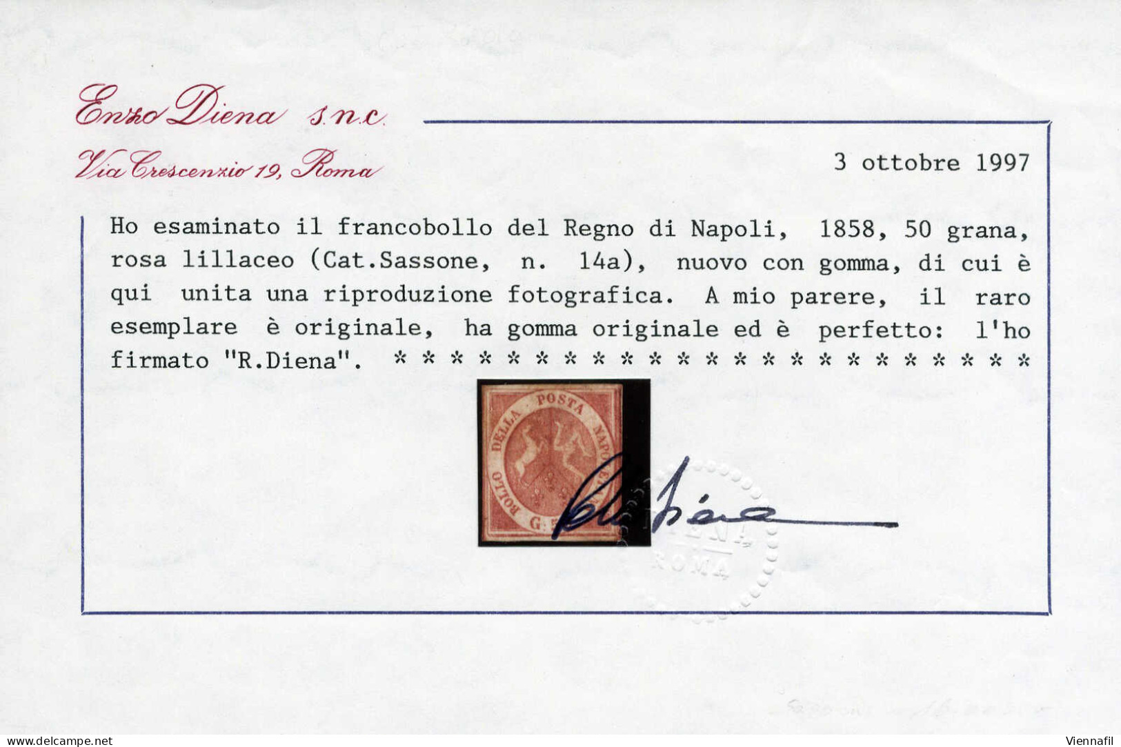 * 1858, 50 Gr. Rosa Lillaceo, Nuovo Con Gomma Originale, Firmata Emilio Diena, Cert. R. Diena, Sass. 14a / 35000,- Miche - Naples