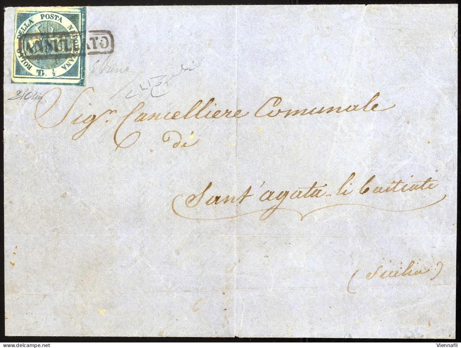 Cover 1860, Trinacria, Circolare (senza Alette) Da Napoli Il 27.11 Per Sant' Agata Affrancata Con ½ T. Azzurro Vivo, Fir - Naples