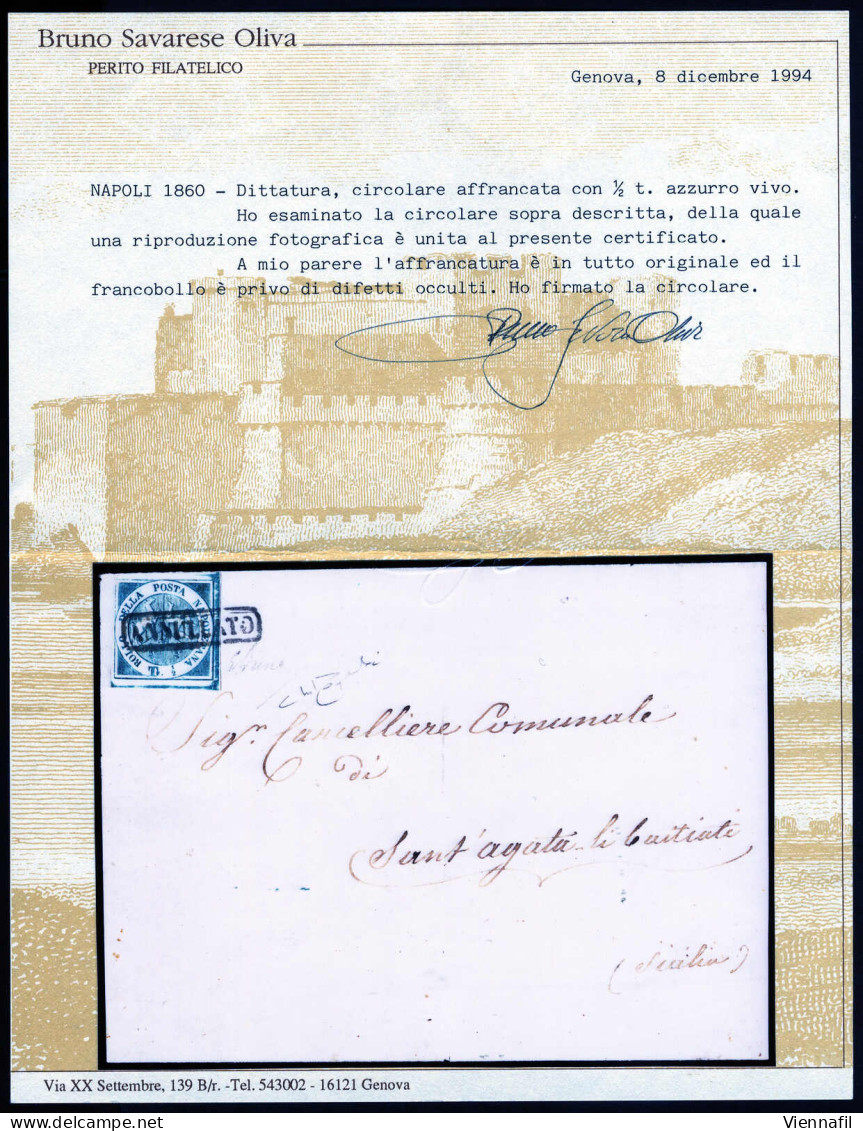 Cover 1860, Trinacria, Circolare (senza Alette) Da Napoli Il 27.11 Per Sant' Agata Affrancata Con ½ T. Azzurro Vivo, Fir - Naples