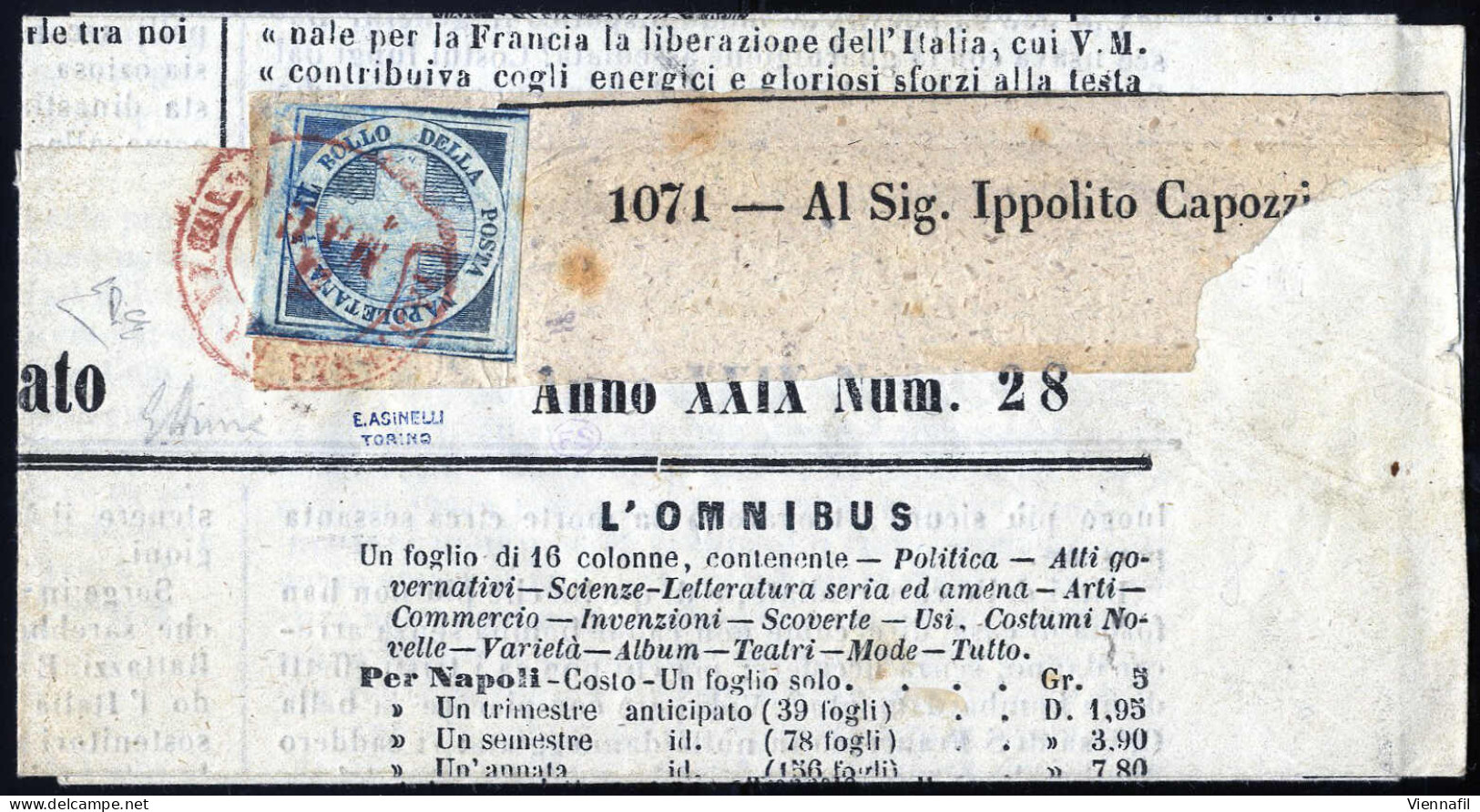 Piece 1861, Crocetta, Frammento Di Giornale Da "Partenze Da Napoli" In Rosso (Punti 12) Del 5.3 Affrancata Con ½ T. Azzu - Naples