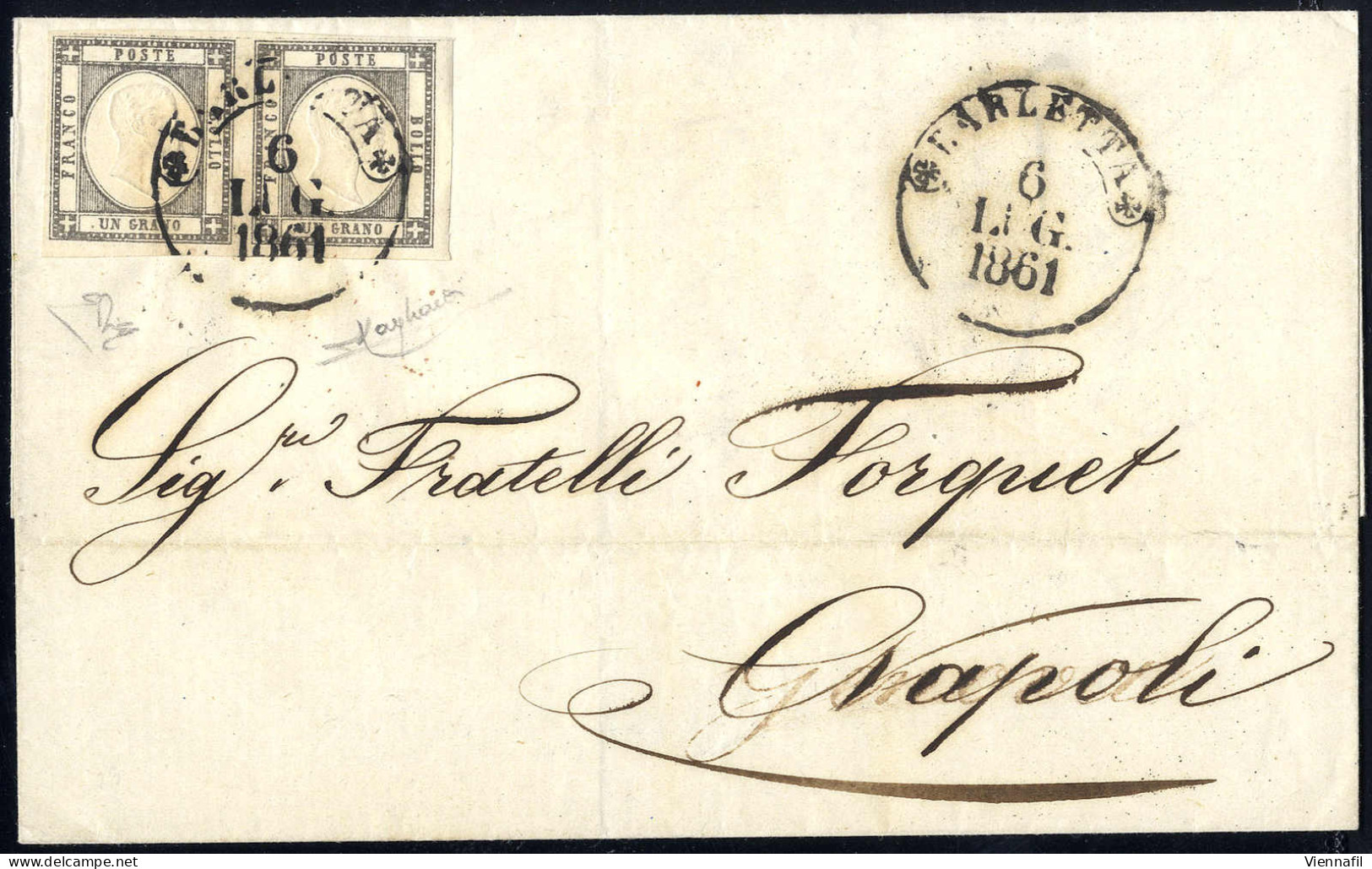 Cover 1861, Lettera Da Barletta Il 6.7. Affrancata Con Coppia 1 Grano Nero Con Tracce Di Filetto Lungo Il Bordo Superior - Nápoles