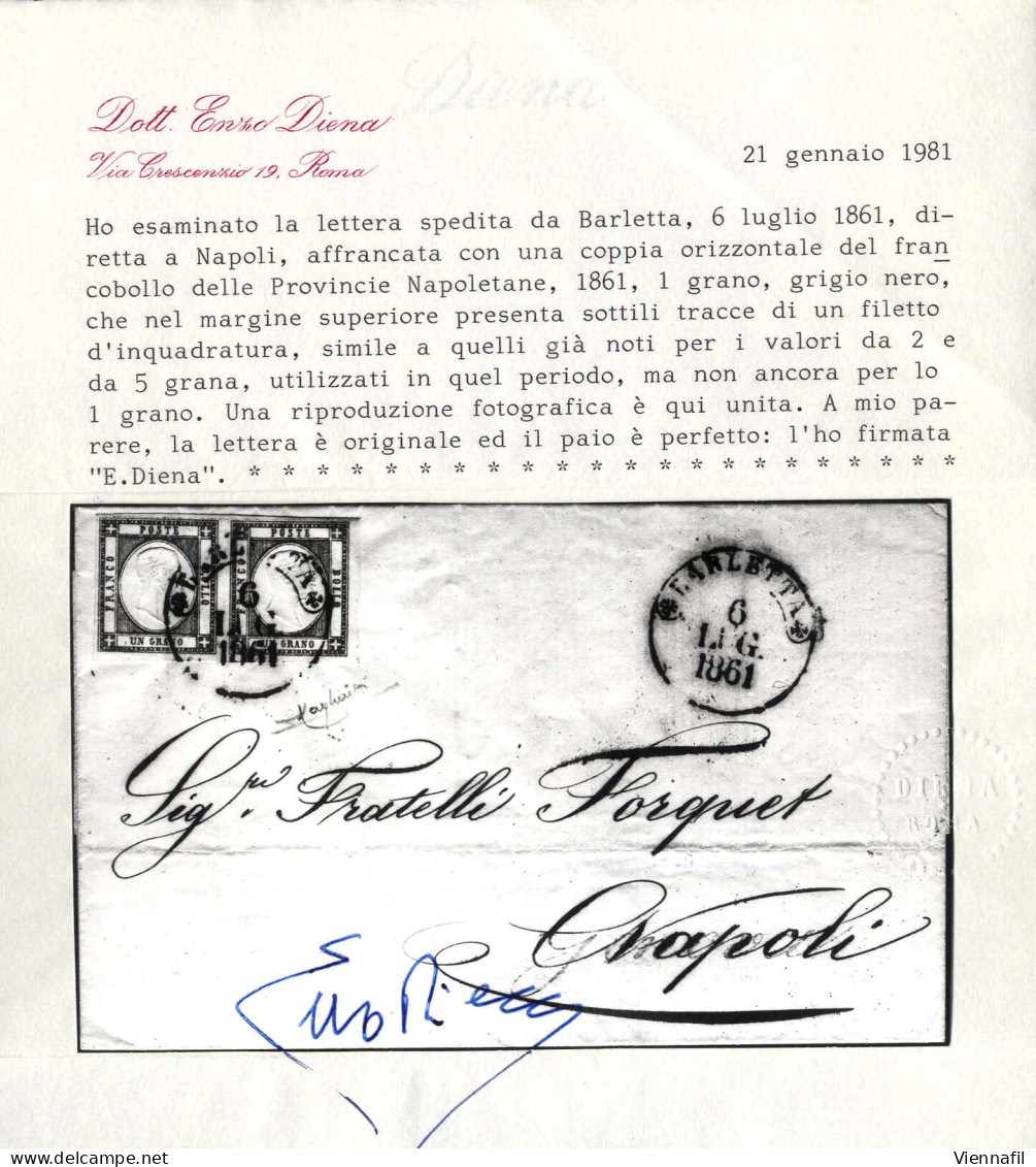 Cover 1861, Lettera Da Barletta Il 6.7. Affrancata Con Coppia 1 Grano Nero Con Tracce Di Filetto Lungo Il Bordo Superior - Naples