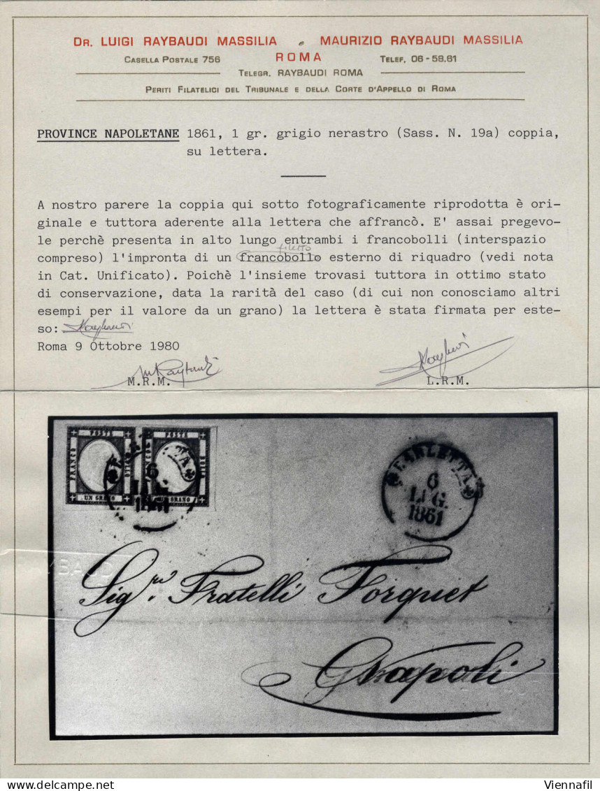 Cover 1861, Lettera Da Barletta Il 6.7. Affrancata Con Coppia 1 Grano Nero Con Tracce Di Filetto Lungo Il Bordo Superior - Neapel