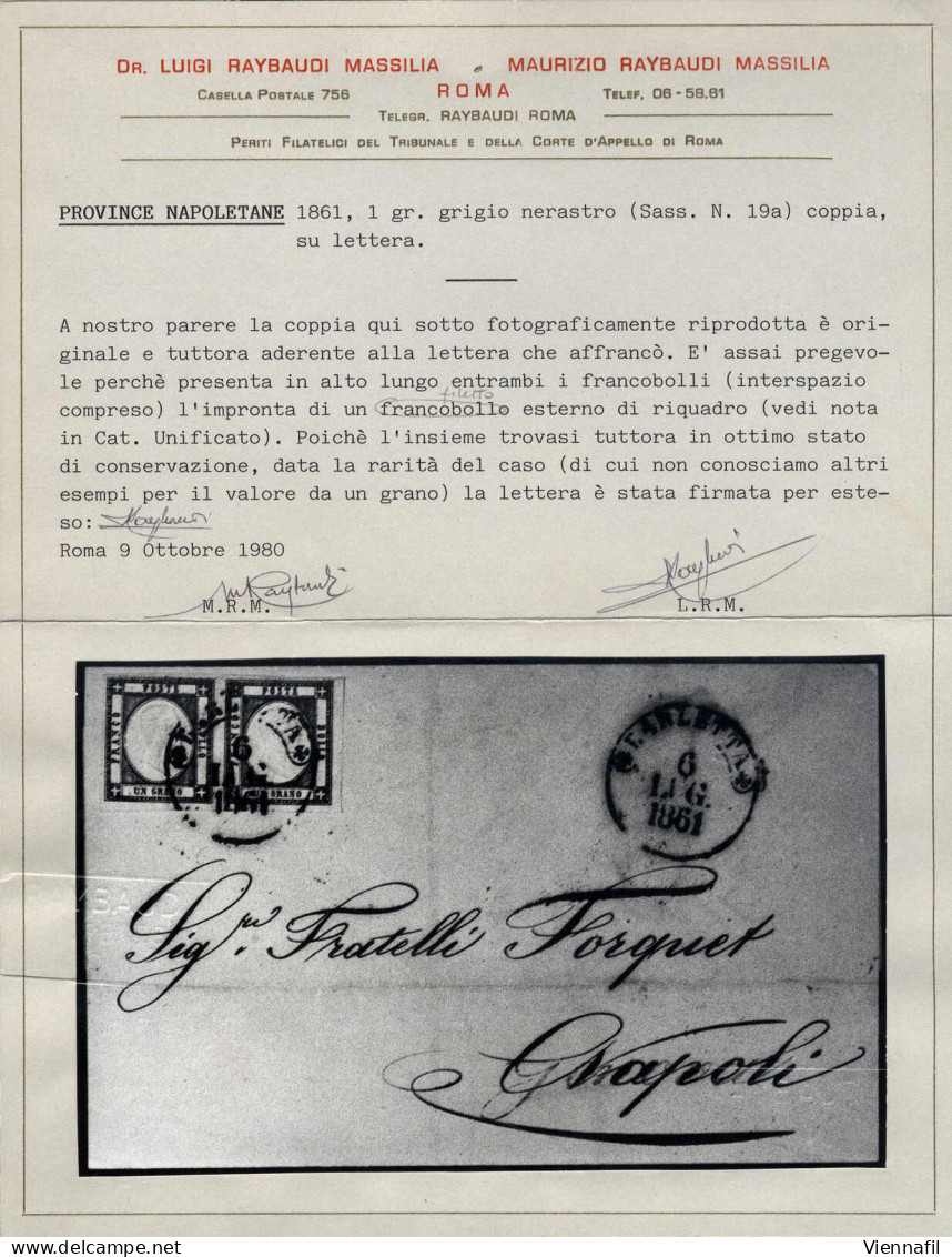 Cover 1861, Lettera Da Barletta Il 6.7. Affrancata Con Coppia 1 Grano Nero Con Tracce Di Filetto Lungo Il Bordo Superior - Naples