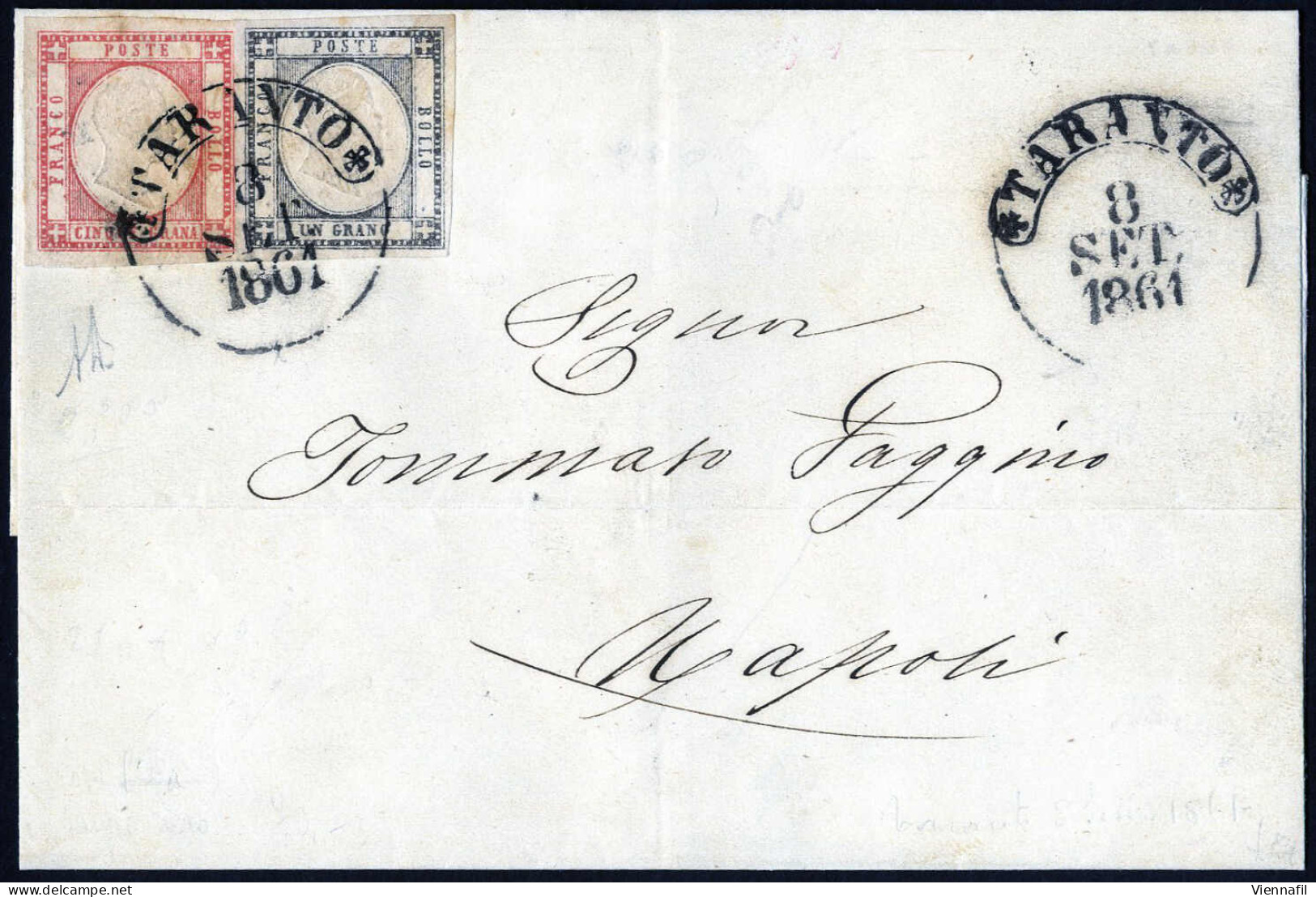 Cover 1861, Lettera Da Taranto Del 8.9 Per Napoli Affrancata Con 1 + 5 Gr. (Province Napolitane), Firmata AD, Sass. 19,2 - Nápoles