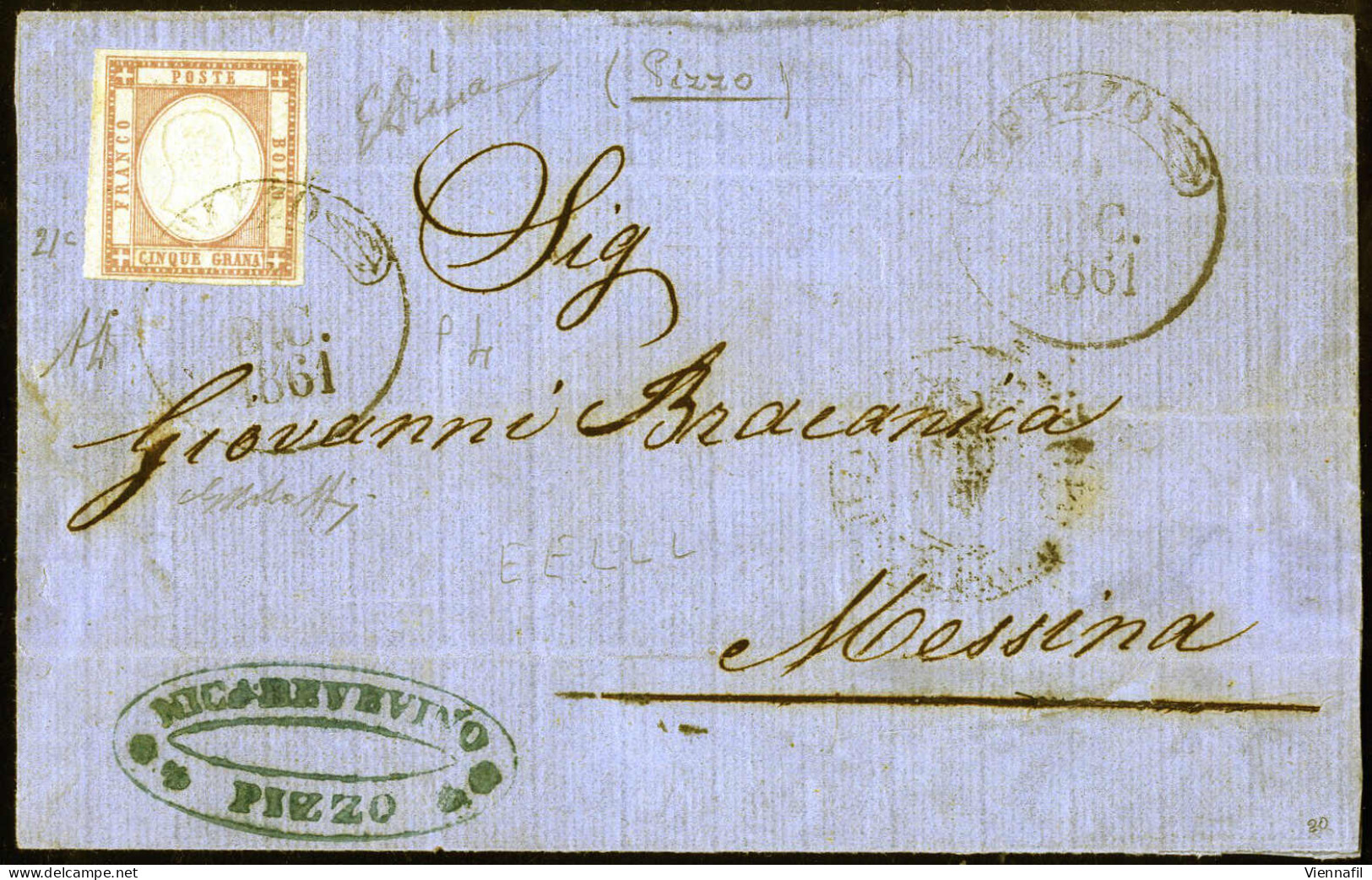 Cover 1861, Lettera Da Pizzo Del 9.12 Per Messina Affrancata Con 5 Gr. Lilla (Province Napolitane), Firmata Emilio E AD, - Naples