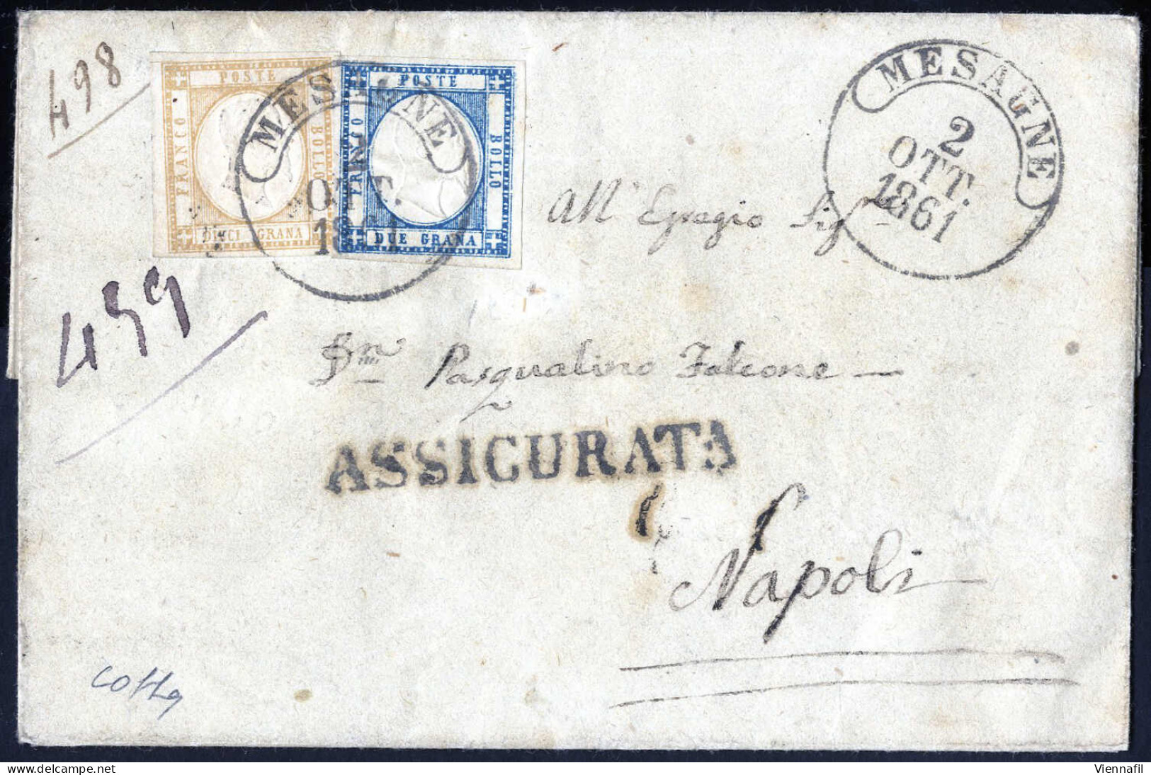 Cover 1861, Lettera Assicurata Da Mesagne Del 2.10 Per Napoli Affrancata Con 2 + 10 Gr. (Province Napolitane), Cert. Col - Naples