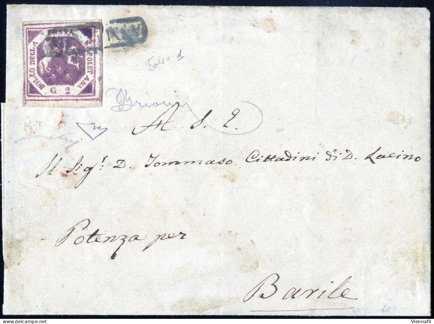 Cover 1860, Lettera Da Napoli 18 Dicembre 1860 Per Barile Affrancata Con Falso Per Posta Gr.2 Carminio Lillaceo Primo Ti - Naples