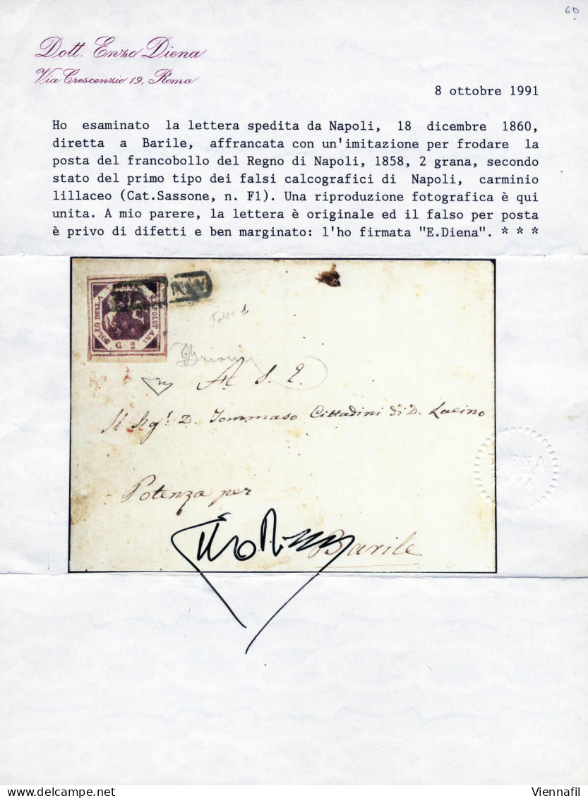 Cover 1860, Lettera Da Napoli 18 Dicembre 1860 Per Barile Affrancata Con Falso Per Posta Gr.2 Carminio Lillaceo Primo Ti - Napels