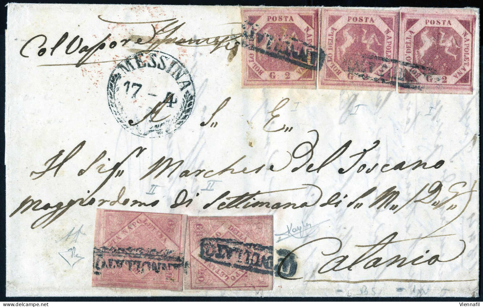 Cover 1860, Lettera Da Napoli 19 Aprile 1860 Viaggiata Coi Vapori Per Catania Affrancata Per 46 Grana Con Tre Esemplari  - Naples