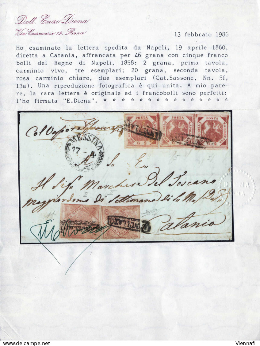 Cover 1860, Lettera Da Napoli 19 Aprile 1860 Viaggiata Coi Vapori Per Catania Affrancata Per 46 Grana Con Tre Esemplari  - Neapel