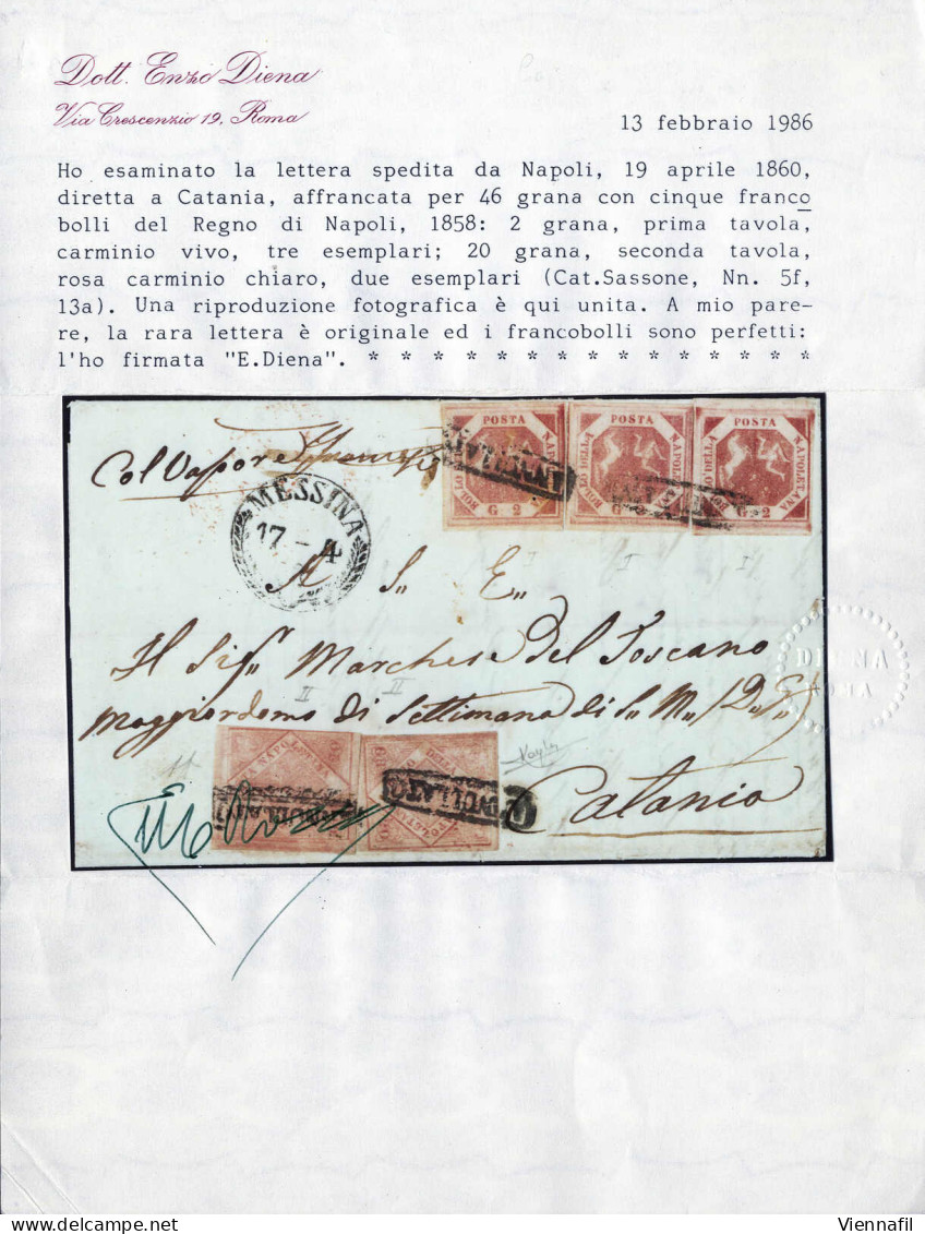 Cover 1860, Lettera Da Napoli 19 Aprile 1860 Viaggiata Coi Vapori Per Catania Affrancata Per 46 Grana Con Tre Esemplari  - Naples