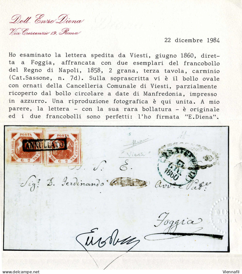 Cover VIESTI, Lettera Del 12.6.1860 Per Foggia Affrancata Con Due Esemplari 2 Gr. Carminio, III Tavola, Francobolli Annu - Naples