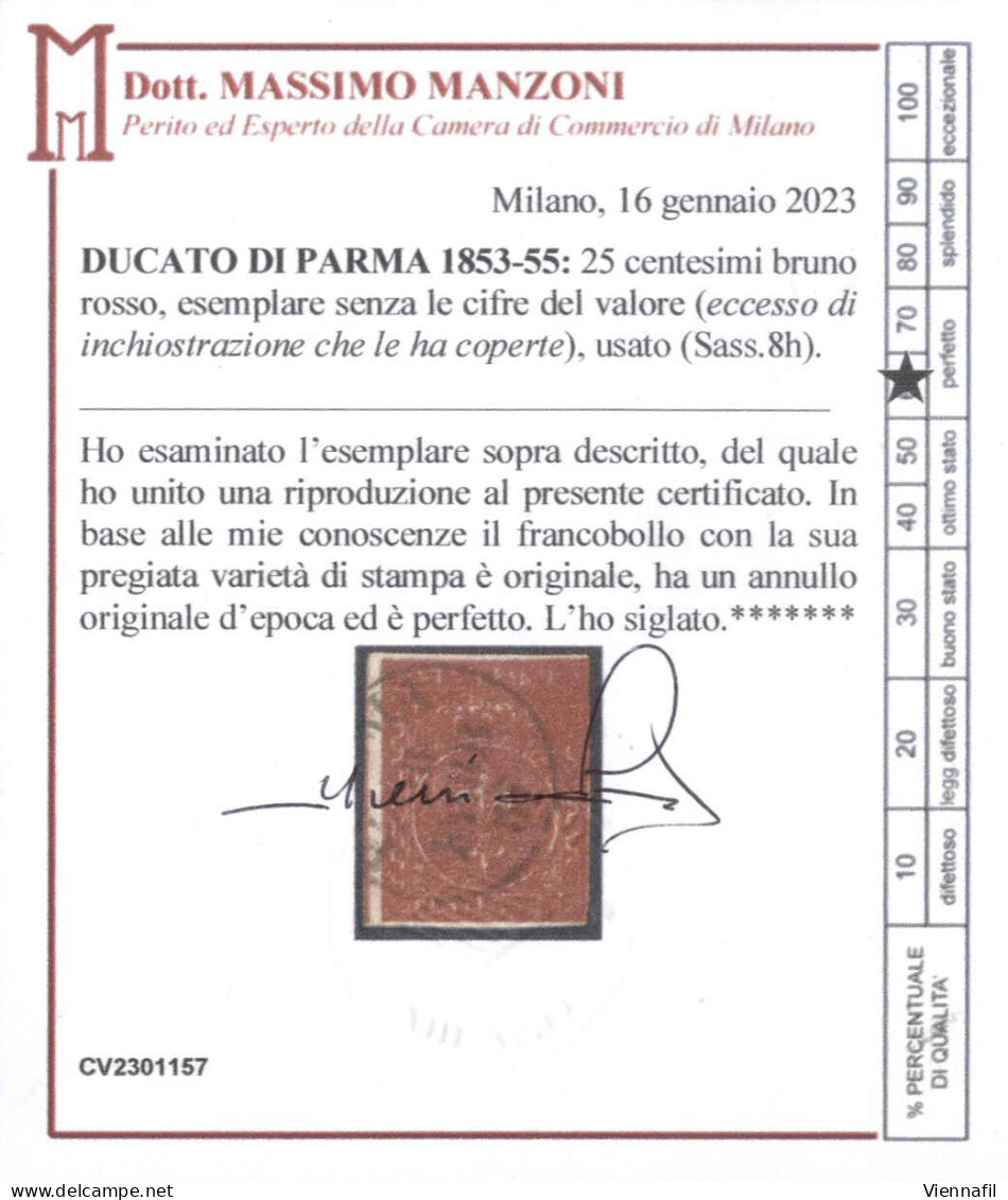 O 1853%5, 25 C. Bruno Rosso, Esemplare Senza Le Cifre Del Valore (per Eccesso Di Inchiostrazione), Tre Ampi Margini, A F - Parme