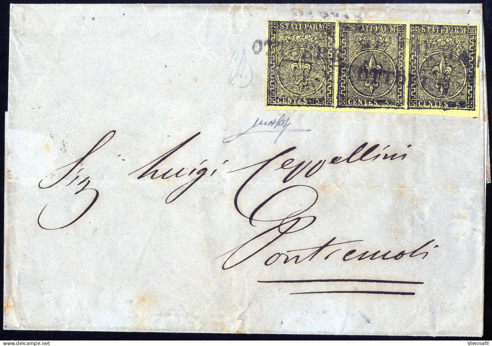 Cover 1853, Lettera Da Parma Del 9.10 Per Pontremoli Affrancata Con Striscia Di Tre 5 C. Giallo, Firmata Emilio Diena, S - Parma