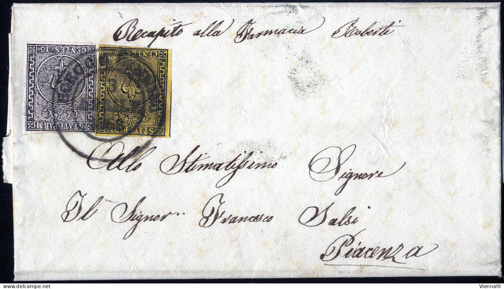 Cover 1858, Lettera Da Borgo S. Damiano (doppio Cerchio Punti 6) Del 2.4 Per Piacenza Affrancata Con 5 C. Giallo E 10 C. - Parma