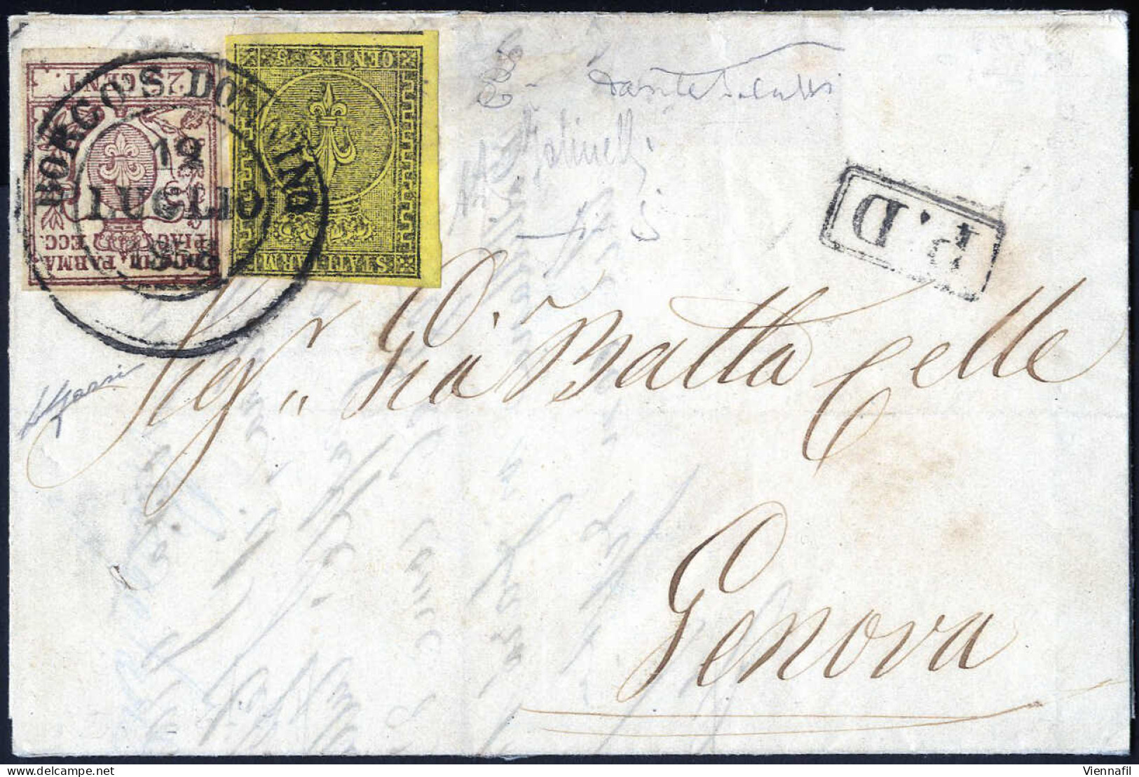 Cover 1858, Lettera Da Borgo S. Donino (Punti 6) Del 15.7 Per Genova Affrancata Mista I+III Con 5 C. Giallo E 25 C. Brun - Parme