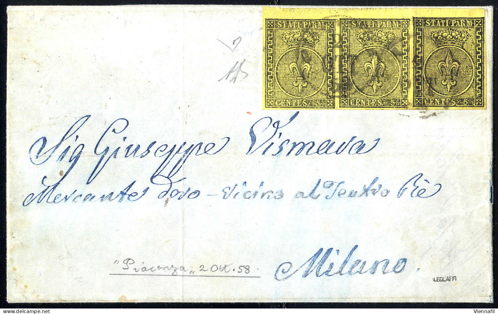 Cover 1858, Lettera Da Piacenza Del 2.10. Per Milano Affrancata Con Striscia Orizzontale Di Tre Del 5 C. Giallo Con Bord - Parme