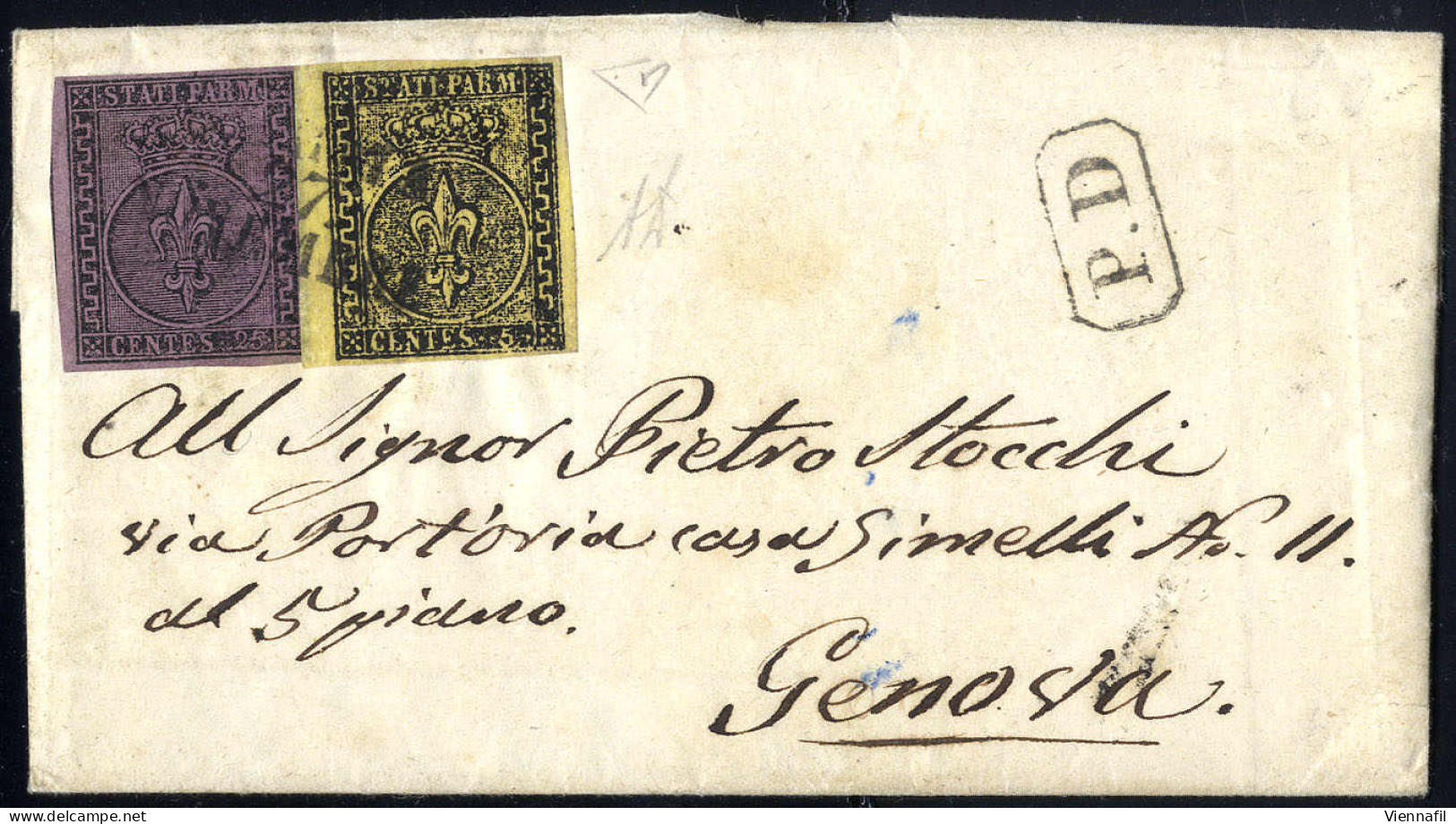 Cover 1855, Lettera Da Parma Del 27.11. Per Genova Con Affrancatura Bicolore Per 30 C. Con 5 C. Giallo Del Bordo Di Fogl - Parme