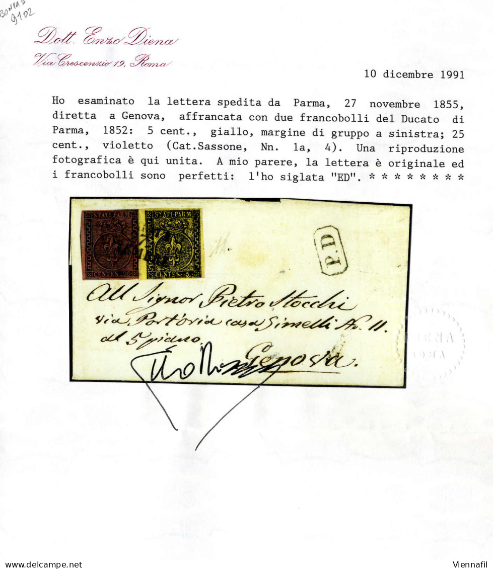 Cover 1855, Lettera Da Parma Del 27.11. Per Genova Con Affrancatura Bicolore Per 30 C. Con 5 C. Giallo Del Bordo Di Fogl - Parme