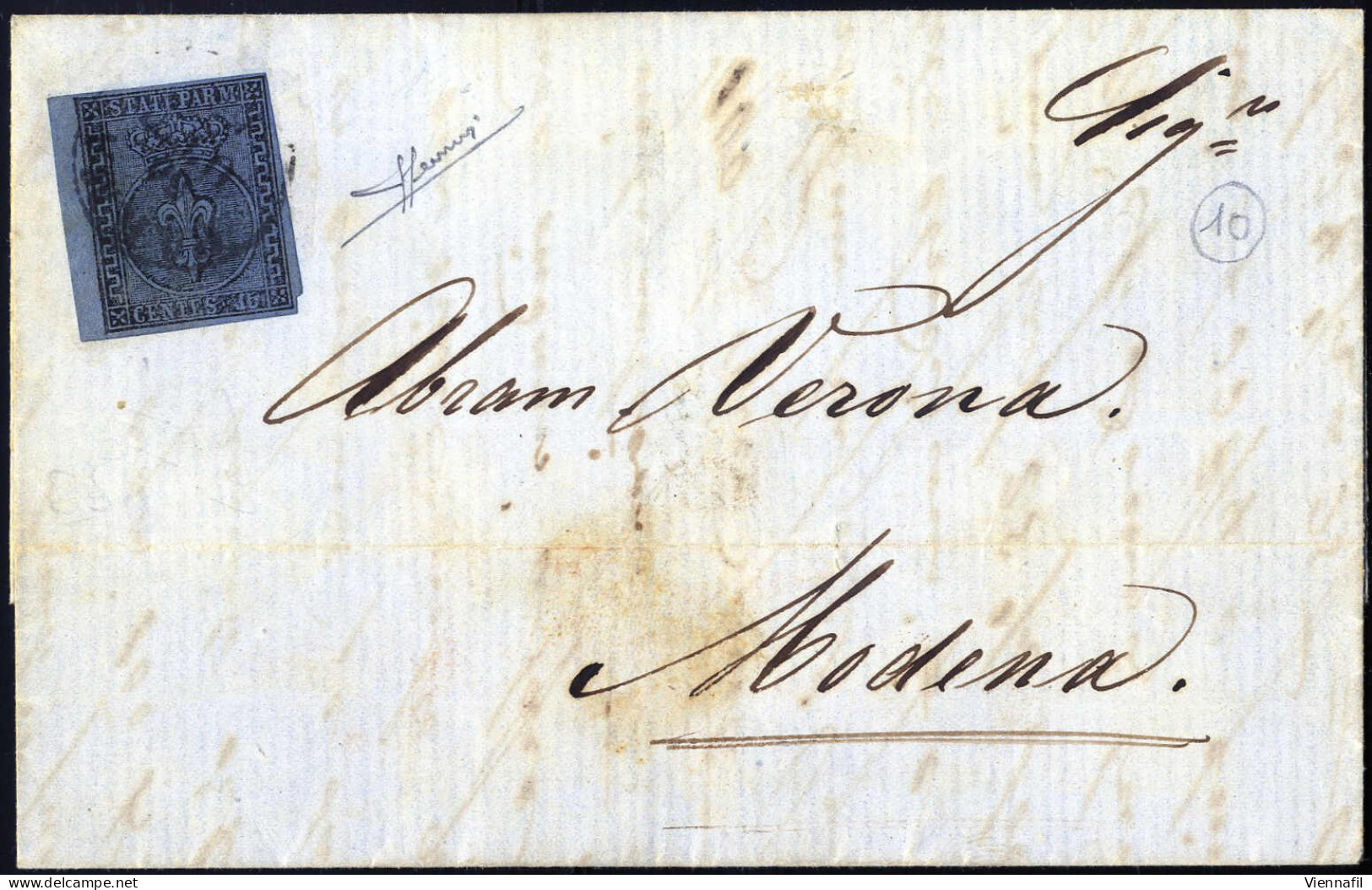 Cover 1857, Lettera Da Parma Del 30.10 Per Modena Affrancata Con 40 C. Azzurro Con Margine Di Foglio A Sinistra, Cert So - Parma