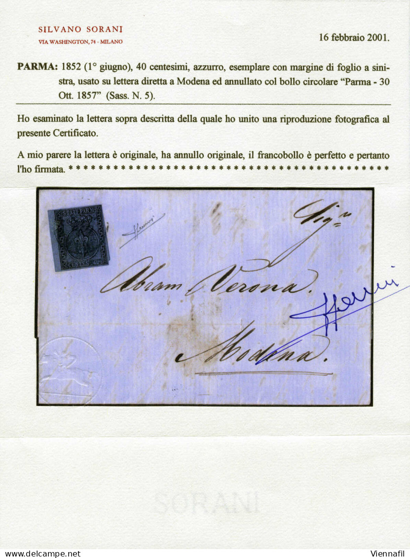 Cover 1857, Lettera Da Parma Del 30.10 Per Modena Affrancata Con 40 C. Azzurro Con Margine Di Foglio A Sinistra, Cert So - Parme