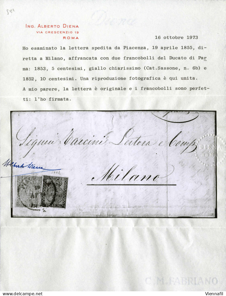 Cover 1855, Lettera Da Piacenza Del 19.4 Per Milano Affrancata Mista 10 C Bianco E 5 C. Giallo Chiarissimo, Cert. Albert - Parme