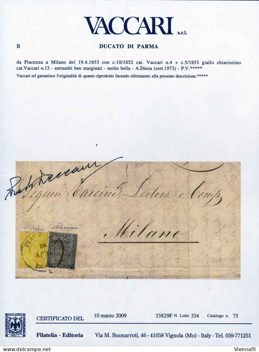 Cover 1855, Lettera Da Piacenza Del 19.4 Per Milano Affrancata Mista 10 C Bianco E 5 C. Giallo Chiarissimo, Cert. Albert - Parma