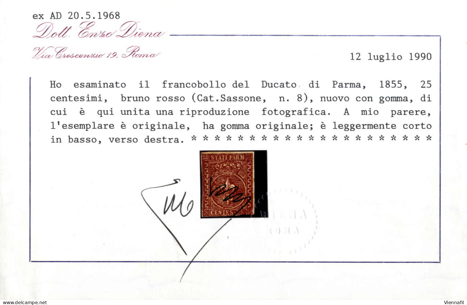 * 1855, 25 Cent. Bruno Rosso, Nuovo Con Piena Gomma Originale, Uno Dei Due Esemplari Conosciuti Con Gomma Originale, Gra - Parme