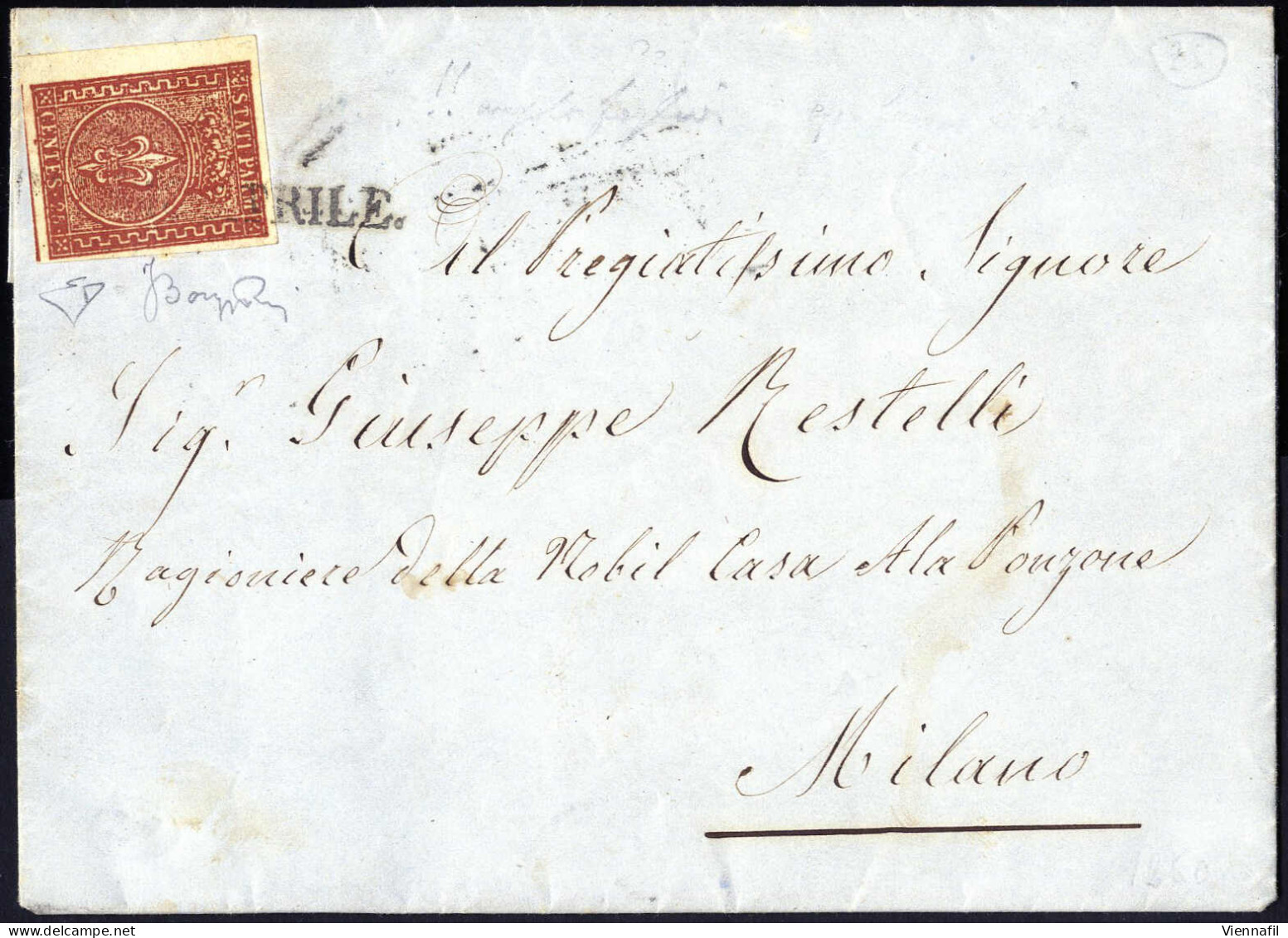 Cover 1856, Lettera Da Parma Del 18.4 Per Milano Affrancata Con 25 C. Bruno Rosso, Firmata ED, Sass. 8 / 3250,- Michel 8 - Parme