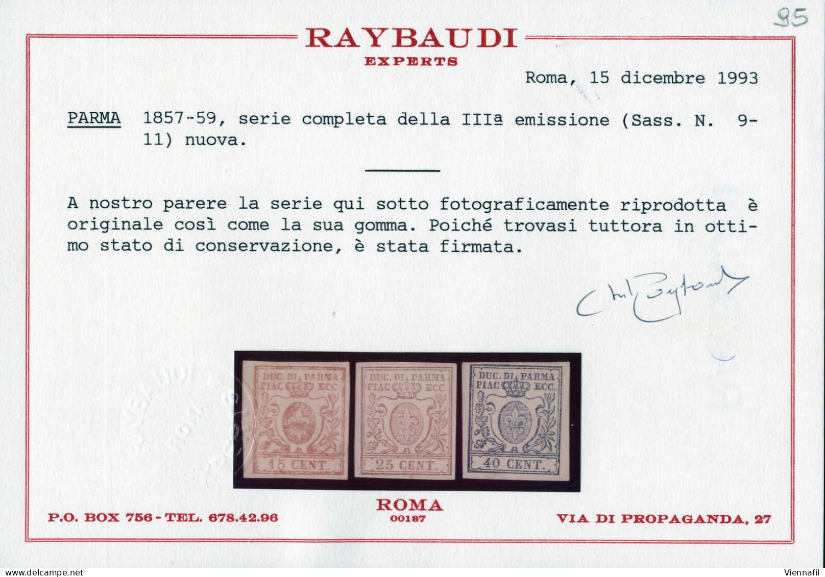 * 1857/59, Serie Completa 3 Valori, Nuovi Con Gomma Originale, Cert. Raybaudi, Sass. 9-11 / 3060,- Michel 9-11 - Parma