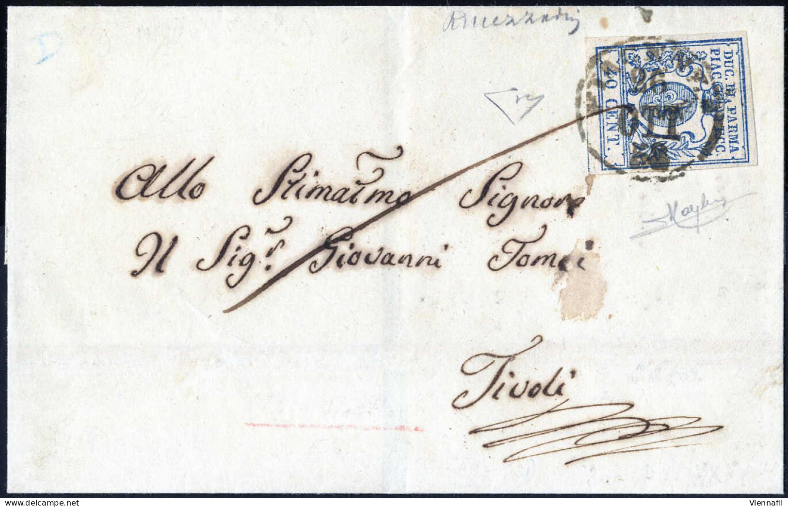 Cover 1858, Lettera Da Piacenza Del 26.10 Per Tivoli Affrancata Con 40 C. Azzurro Timbrato A Firenze, Firmata Raybaudi,  - Parma