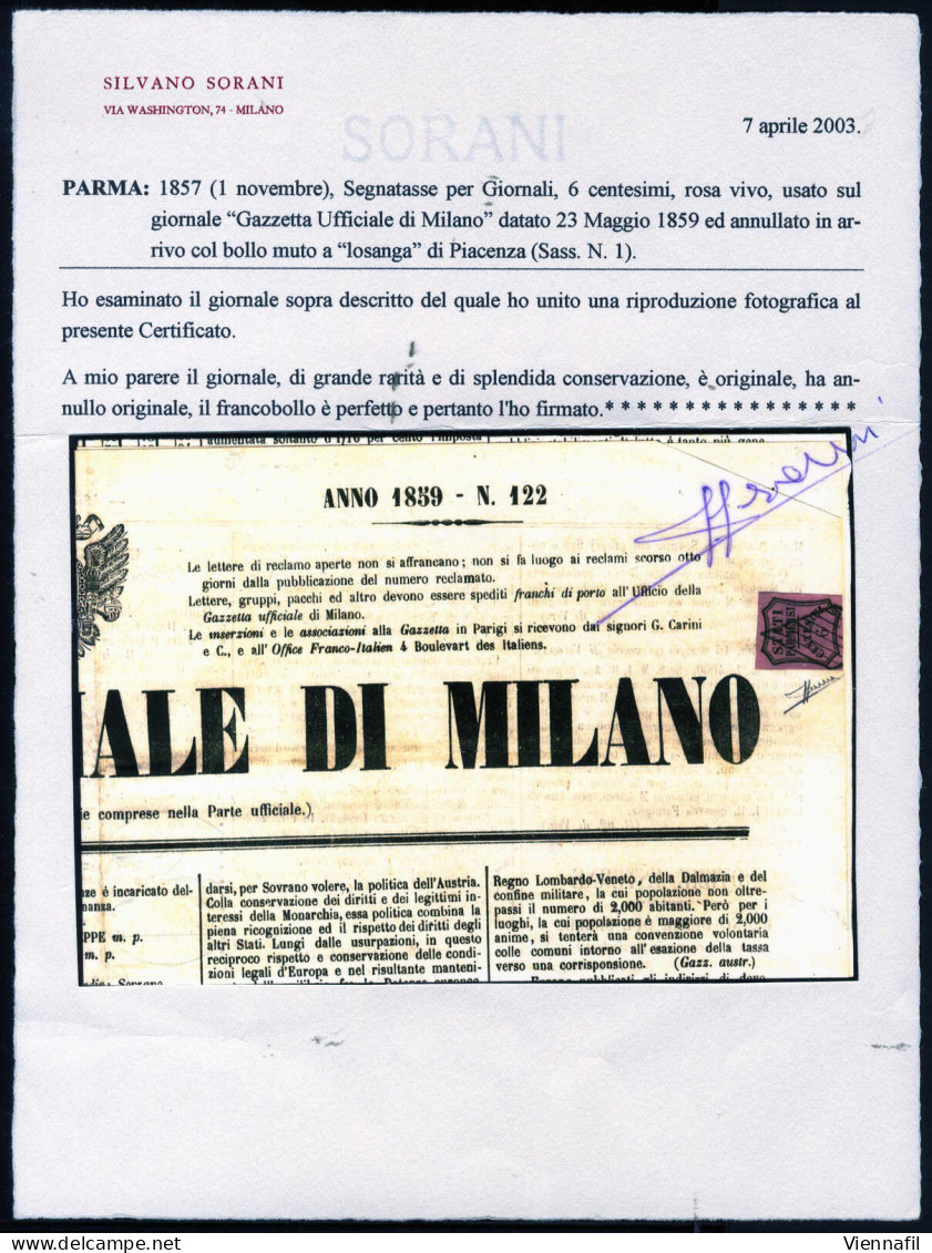 Cover 1857, Giornale "Gazzetta Ufficiale Di Milano" Affrancato Con 6 C. Rosa Vivo Annullato Con Bollo Muto A "losanga" D - Parme