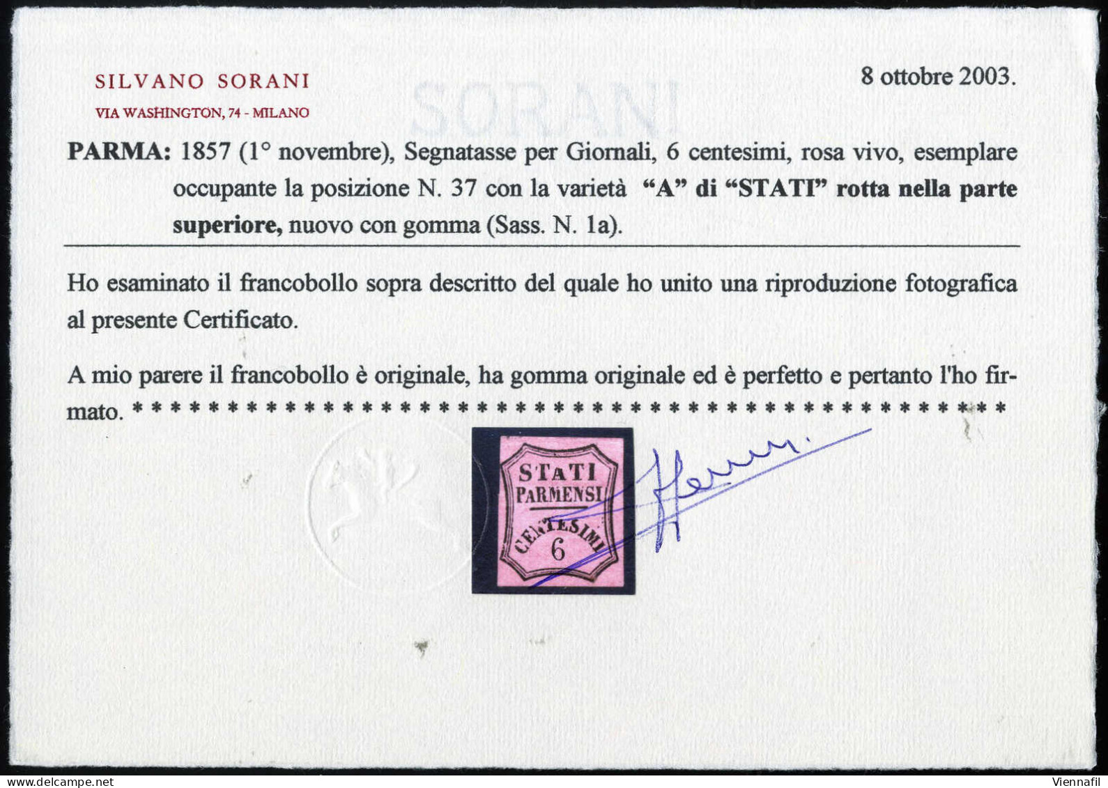 * 1853/57, Serie Completa 2 Valori, Nuovi Con Gomma Originale, Il 6 C. Con Varietà A Di STATI Rotta Nella Parte Superior - Parma