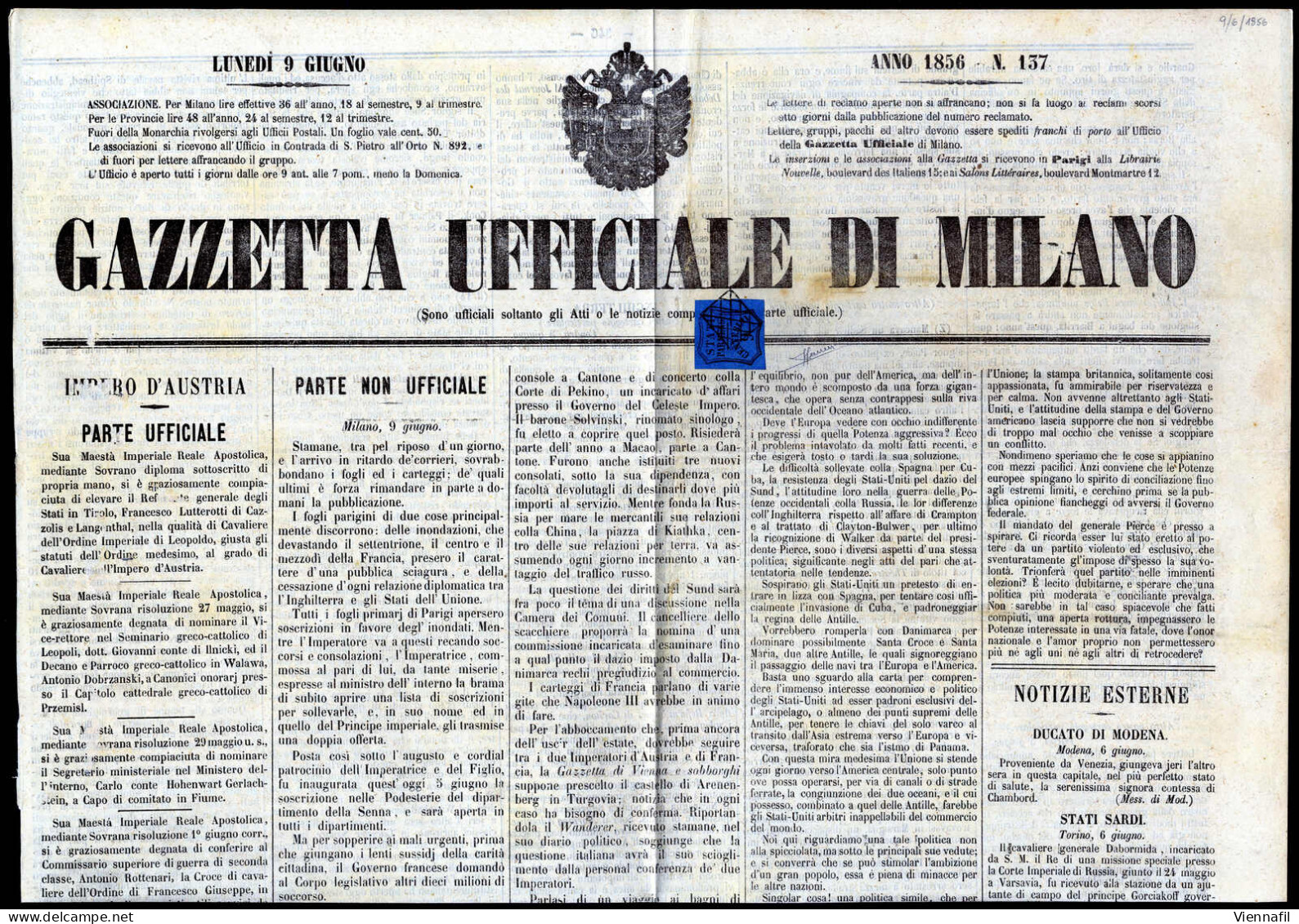 Cover 1853, Giornale "Gazzetta Ufficiale Di Milano" Affrancato Con 9 C. Azzurro Annullato Con Bollo Muto A "griglietta"  - Parma