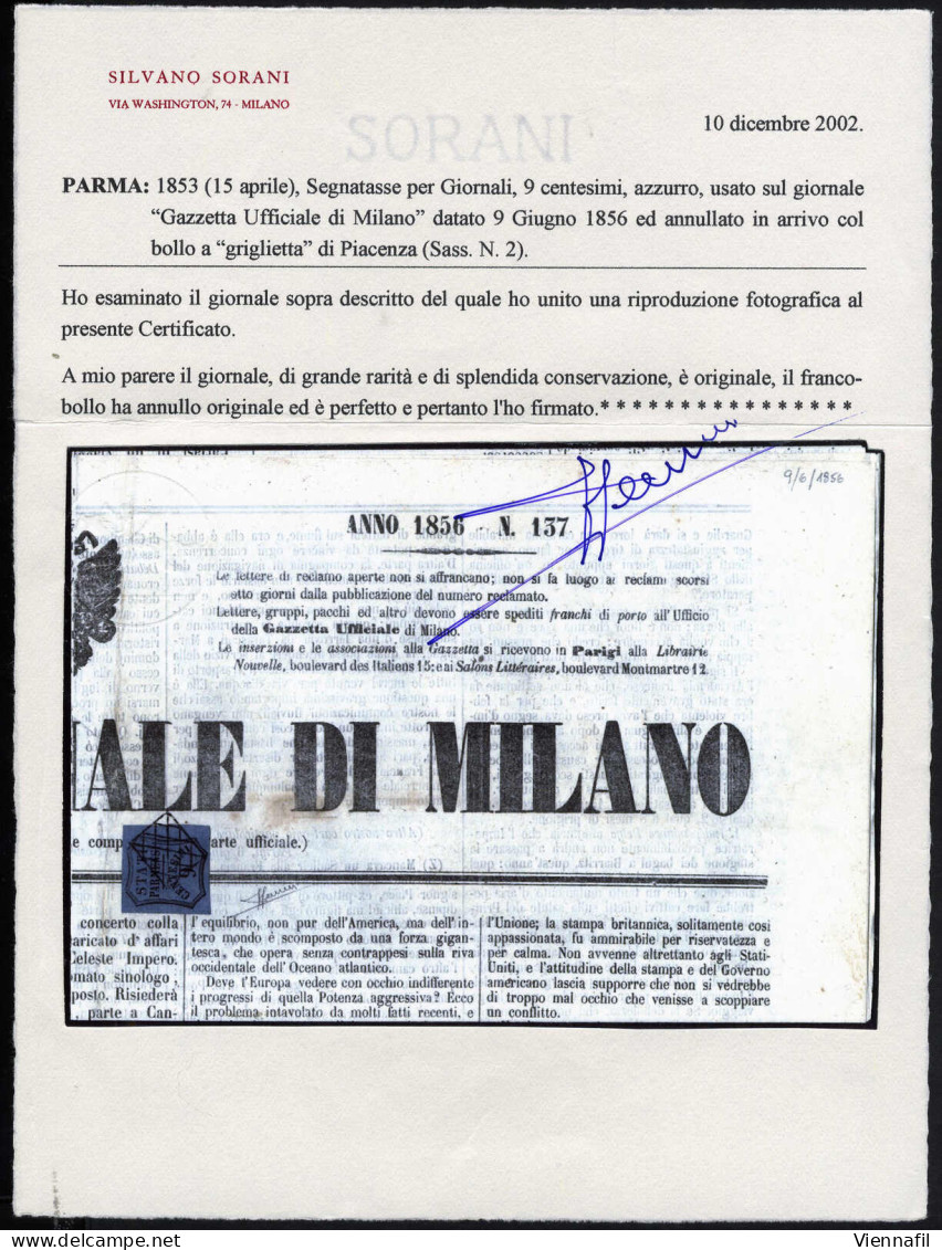 Cover 1853, Giornale "Gazzetta Ufficiale Di Milano" Affrancato Con 9 C. Azzurro Annullato Con Bollo Muto A "griglietta"  - Parme