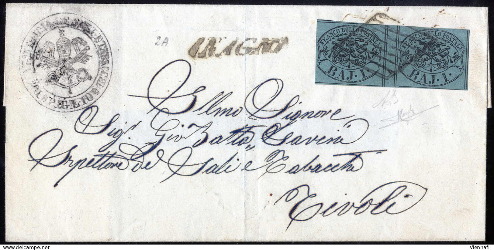 Cover 1865, Lettera Affrancata Con 1 B. Verde Scuro Con Interspazio Di Gruppo, Firmata AD E Raybaudi, Sass. 2A / 5000,- - Estados Pontificados